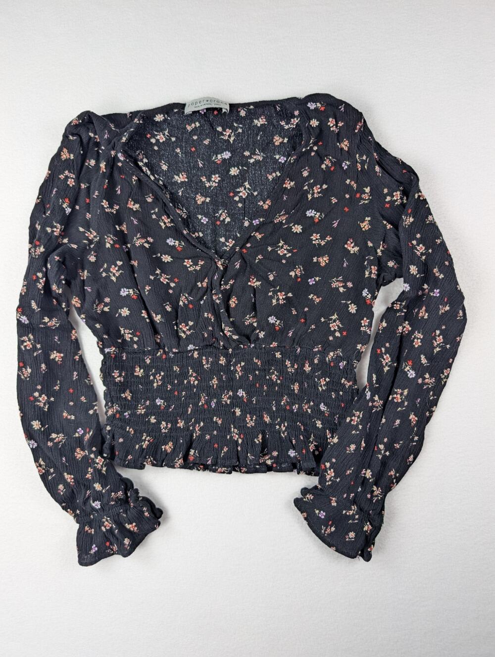 Paper Crane Black Floral Smocked Waist Long Sleeve Blouse XS
